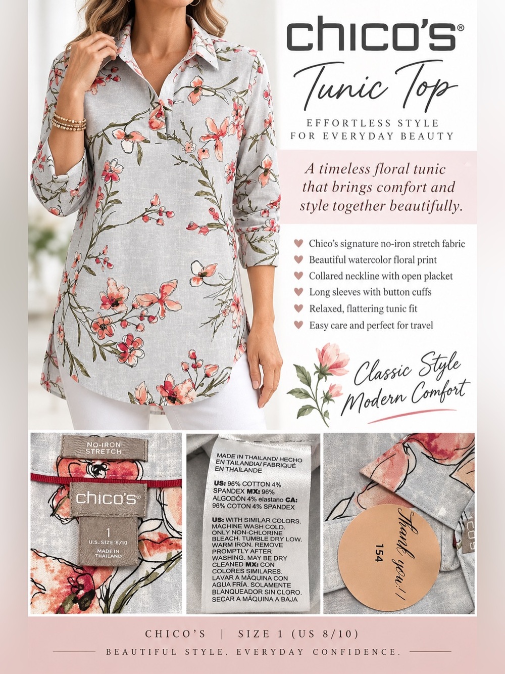 Chico's Light Blue Floral Tunic Blouse